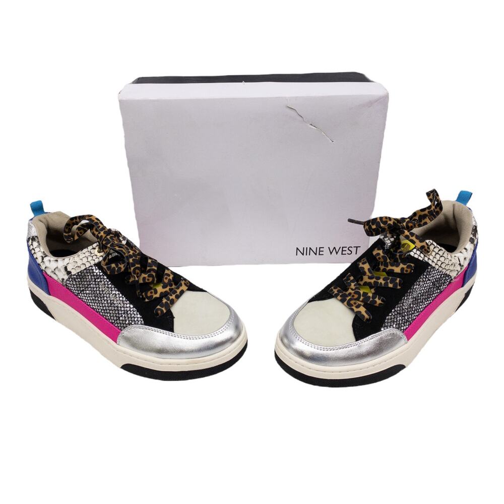 Nine West Women's Leopard Elevate Leather Lace Up Sneakers 8 Pink Silver
